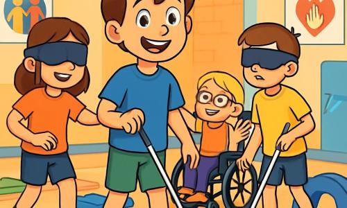 Un garçon de 12 ans, Antoine, souriant, se tient au centre de l'image, portant un t-shirt bleu et un short vert, tenant une canne blanche. À sa droite, Zoé, une fille de 11 ans en fauteuil roulant, sourit et encourage les autres. À sa gauche, Lucas, un garçon de 12 ans avec une canne blanche, a une expression concentrée. Le gymnase est lumineux, avec des murs colorés et des affiches sur l'inclusion. Antoine et ses amis guident d'autres élèves les yeux bandés à travers un parcours sensoriel, illustrant la solidarité et l'inclusion dans un environnement joyeux.