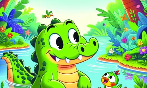 Un crocodile nommé Kiki, avec une peau verte brillante et des yeux curieux, nage joyeusement dans une rivière entourée de feuillage luxuriant. Il sourit amicalement. À ses côtés, un petit oiseau coloré, avec une aile légèrement bandée, se tient sur son dos, émerveillé par son environnement. La scène se déroule dans une jungle vibrante, où des fleurs éclatantes et des arbres majestueux se reflètent dans l'eau claire. Kiki et l'oiseau explorent ensemble, symbolisant leur nouvelle amitié et découvrant les merveilles de la jungle.