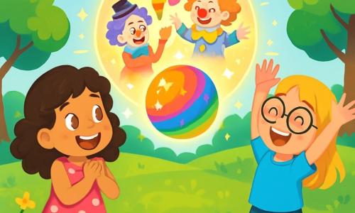 Il y a deux personnages principaux : Lola, une fille de 8 ans aux cheveux bruns et bouclés, portant une robe rose à pois blancs, qui regarde la balle magique avec émerveillement, et Mia, une fille de 8 ans aux cheveux blonds et lisses, en t-shirt bleu et short en jean, prête à lancer la balle en l'air. L'histoire se déroule dans un parc ensoleillé avec des arbres verts, des fleurs colorées et une pelouse bien entretenue. Au centre, une grande balle magique, brillante et multicolore, scintille sous le soleil, entourée de lumière. Lola et Mia découvrent la balle magique qui les transporte dans un monde de clowns et de glaces, riant aux éclats devant les clowns jonglant avec des glaces colorées.