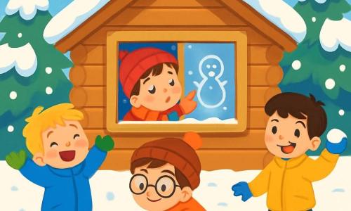 Quatre enfants jouent dans la neige : Tom, 8 ans, avec des cheveux bruns, un bonnet rouge et une écharpe à rayures, souffle sur la fenêtre d'un chalet en dessinant un bonhomme de neige ; Sami, 7 ans, aux cheveux blonds et joues roses, porte un manteau bleu et admire la neige qui tombe ; Hugo, 6 ans, avec des cheveux châtains et des lunettes, ramasse de la neige pour faire une boule ; Paul, 7 ans, aux cheveux noirs et sourire malicieux, se prépare à lancer une boule de neige. Ils sont dans un chalet en bois, entouré de sapins enneigés, sous un ciel bleu éclatant, avec une atmosphère magique.