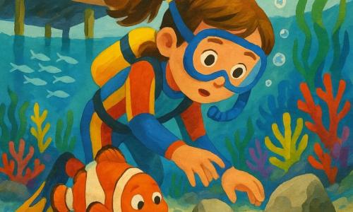 Une fillette de 8 ans, émue et concentrée, cheveux châtains attachés en queue de cheval, en petite combinaison de plongée, tend la main pour saisir une perle bleue coincée entre deux cailloux ; un poisson-clown orange et blanc pousse le sable autour de la perle et un petit crabe roux repousse un caillou devant elle. Sa mère, une femme d’environ 35 ans, se tient sur un vieux ponton en bois, masque et tuba à la main, inquiète mais rassurante. Le décor est une crique sous-marine lumineuse avec coraux rouges, jaunes et violets, algues vertes en rubans, bancs de poissons argentés, rayons de soleil dans l’eau turquoise, sable fin parsemé de petits cailloux et d’une coquille, et une bulle d’air qui remonte ; scène douce et aventureuse, aux textures de gouache, traits légèrement naïfs et contours doux.