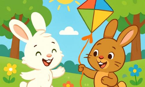 Un petit lapin blanc nommé Léo, avec de grandes oreilles et un pelage doux, saute joyeusement dans un jardin fleuri. À côté de lui, une lapine brune appelée Mila, avec des yeux pétillants et un sourire éclatant, tient un cerf-volant coloré. Le jardin est rempli de fleurs multicolores, de grands arbres verdoyants et d'un ciel bleu, créant une atmosphère ensoleillée. Léo et Mila s'apprêtent à faire voler leur cerf-volant ensemble, symbolisant l'amitié et les aventures d'été.