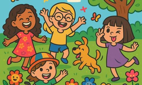 Il y a 5 personnages : Clara, une fille de 8 ans aux cheveux bouclés et sourire éclatant, porte une robe rose à fleurs et se tient à gauche en riant. Chloé, 7 ans, cheveux blonds et lunettes, porte un t-shirt jaune et un short bleu, elle est au centre en train de danser. Emma, 8 ans, cheveux bruns et frange, porte une robe violette et fait des grimaces à droite, sur une jambe. Sara, 7 ans en fauteuil roulant, cheveux châtains et chapeau coloré, porte un t-shirt vert et sourit au premier plan. Lulu, un petit chien doré, saute joyeusement au milieu des filles. Le lieu est un jardin magique avec des fleurs colorées, un ciel bleu éclatant et des papillons. Les amies dansent et rient ensemble, entourées de fleurs chantantes, tandis que Lulu crée une scène joyeuse et magique.