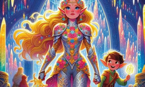 Élodie la Vaillante, une femme courageuse d'une vingtaine d'années, se tient fièrement au centre de l'image, vêtue d'une armure ornée de motifs floraux et brandissant une épée magique. À ses côtés, Léo, un petit elfe espiègle d'environ dix ans, sourit en tenant une carte enchantée. La scène se déroule à l'entrée de la grotte des Échos, où des cristaux colorés et des stalactites brillantes créent une atmosphère magique. Élodie se prépare à entrer dans la grotte pour trouver le Cristal d'Équilibre et sauver sa cité du chaos. L'aventure est sur le point de commencer.