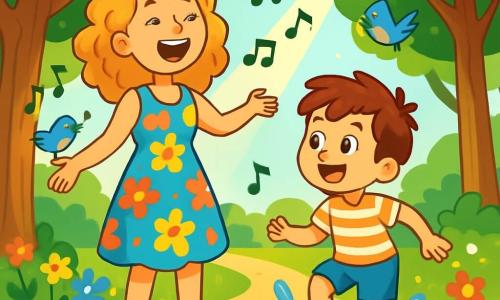 Lila, une jeune femme souriante aux cheveux bouclés et dorés, porte une robe colorée à fleurs et des sandales. Elle chante joyeusement, les bras ouverts, sur un chemin bordé d'arbres. À ses côtés, Malo, un petit garçon de 7 ans avec des cheveux bruns en bataille, saute dans une flaque d'eau, éclaboussant autour de lui tout en admirant Lila. Ils se trouvent dans un parc ensoleillé, rempli de fleurs et d'oiseaux chantants, avec des rayons de soleil filtrant à travers les feuilles. Lila et Malo discutent et partagent des idées de chansons, entourés par la beauté de la nature, avec des notes de musique flottant autour d'eux.