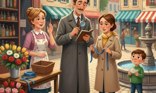 Léo, détective serein et bienveillant à la moustache légère, manteau gris, carnet et loupe, examine un ruban bleu près d’un étal de fleuriste; Madame Brune, cinquantaine, chignon et tablier à fleurs, tient une boîte en bois vide à sa gauche, Clara, trente ans, manteau beige et foulard jaune, tient le ruban déroulé devant la boutique, et Tom, garçon de 7 ans en chemise verte, sourit timidement avec un petit bateau en papier près de la fontaine sur la place pavée bordée de boutiques colorées et de fleurs vives; lumière douce du matin, texture d’acrylique aux coups de pinceau épais, scène apaisée de restitution du ruban, pardon et amitié retrouvée.
