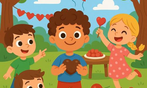 Quatre enfants sont présents : Léo, un garçon de 8 ans avec des cheveux bouclés, souriant au centre, tenant un cœur en chocolat ; Max, 7 ans, à gauche de Léo, montrant une guirlande de cœurs en papier ; Lula, 7 ans, à droite de Léo, sautillant avec un bonbon en forme de cœur ; et Tom, 8 ans, légèrement en arrière, lançant une quille en forme de cœur. La scène se déroule dans un parc coloré avec des arbres décorés de guirlandes, des tables de bonbons et des enfants jouant. Ils s'amusent à un jeu de quilles en forme de cœur, célébrant l'amitié et la Saint-Valentin.