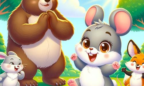 Une petite souris nommée Mimi, au pelage gris et aux yeux malicieux, saute joyeusement dans une clairière ensoleillée, souriante. À ses côtés, un ours brun nommé Bruno applaudit en riant, tandis qu'un lapin blanc, Coco, bondit avec enthousiasme. Un renard rusé, Rémy, se tient en arrière-plan, riant de la situation. La clairière est entourée d'arbres verts et de fleurs colorées, sous un ciel bleu parsemé de nuages. Mimi tombe doucement sur son nez, provoquant des rires chez les autres animaux, créant une atmosphère joyeuse.