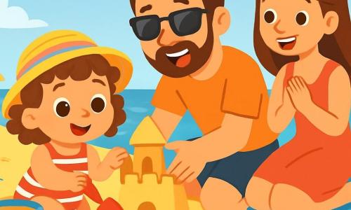 Une petite fille de 2 ans, Lina, avec de grands yeux brillants et un sourire radieux, construit un château de sable sur la plage. Elle a des cheveux bouclés et porte un chapeau de paille coloré et un maillot de bain à rayures. À côté d'elle, son papa l'aide à façonner le château, riant joyeusement. Sa maman les regarde en souriant, assise sur une serviette de plage. Le lieu est une plage ensoleillée avec des vagues douces, des parasols colorés et des coquillages sur le sable doré. Lina est concentrée et heureuse, utilisant un seau et une pelle pour créer des tours de sable, tandis que son papa l'encourage et sa maman applaudit leur création.
