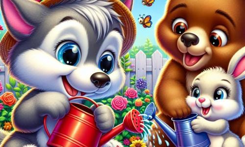 Loupi, un petit loup aux poils gris et aux grands yeux pétillants, arrose des fleurs colorées avec un arrosoir rouge. Il porte un chapeau de paille. À ses côtés, Monsieur Ours, un grand ours brun au pelage soyeux, tient un arrosoir bleu et regarde Loupi avec fierté. Madame Lapin, une petite lapine blanche aux grandes oreilles, plante des graines près de Loupi. Le jardin communautaire est vibrant, rempli de fleurs éclatantes et de plantes verdoyantes, avec des abeilles bourdonnant dans l'air chaud de l'été. Loupi, Monsieur Ours et Madame Lapin travaillent ensemble joyeusement pour créer un jardin coloré sous un ciel ensoleillé.