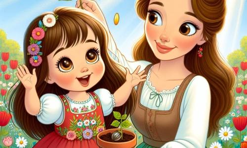 Léa, une petite fille de 6 ans aux longs cheveux bruns et aux yeux curieux, sourit en tenant un pot de terre avec une graine de tournesol, prête à la planter. À ses côtés, sa maman, une femme d'une trentaine d'années avec des cheveux châtains en chignon, l'aide à préparer la terre. Le jardin est rempli de fleurs colorées et baigné de soleil, créant une atmosphère joyeuse et printanière. Ensemble, elles plantent des graines, symbolisant le renouveau et la magie de la nature.