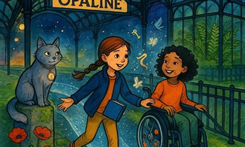 Trois personnages traversent une passerelle magique argentée et légèrement translucide dans la gare victorienne Opaline sous une grande verrière : Zoé, 10 ans, cheveux châtains en tresse, veste bleu nuit, tenant un petit carnet bleu brillant et marchant en avant à gauche ; Lila, 9 ans, cheveux bouclés noirs, souriante, en fauteuil roulant léger aux roues décorées de stickers floraux à droite de Zoé, une main sur la rambarde ; et Monsieur Pattes-de-Velours, grand chat gris anthropomorphe au pelage doux avec une montre gousset au collier, perché sur une pierre à l’entrée de la passerelle et regardant malicieusement les filles. La gare a des quais en pavés moussus parsemés de coquelicots, une serre aux fougères derrière une rambarde et la passerelle, suspendue au‑dessus d’un quai envahi de mousse, scintille de points lumineux et de micro-images de rêves (oiseaux, clés, écharpes) tandis que les roues glissent comme sur du verre, dans une nuit douce aux contrastes d’encre et touches de bleu, vert et doré.