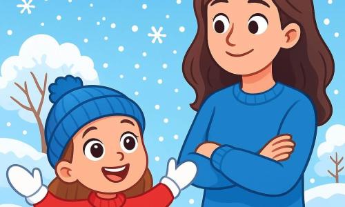 Une petite fille de 6 ans, Margot, avec de grands yeux pétillants et un sourire radieux, est debout dans un jardin enneigé. Elle porte un pull rouge avec un renard, un bonnet en laine bleu et des moufles blanches, levant les bras, émerveillée par les flocons de neige qui tombent. À côté d'elle, sa maman, une femme d'une trentaine d'années avec des cheveux bruns et un grand pull bleu, sourit en la regardant, dans une posture protectrice. Le jardin est recouvert de neige éclatante, avec des arbres chargés de flocons et un pommier au fond. Le ciel est bleu clair avec des nuages. Margot découvre la magie de l'hiver, émerveillée par la beauté de la neige.