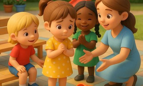 Cinq personnages dans une petite cour de crèche lumineuse : Zoé, 4 ans, cheveux bruns en couette, robe jaune à pois, mains jointes au centre, timide mais soulagée, près d’un pot en plastique renversé ; Lou, 4 ans, cheveux blonds courts, t-shirt rouge et short bleu, assise sur un banc à gauche, sourire encourageant et penchée vers Zoé ; Jade, 4 ans, cheveux noirs en nattes, robe verte, debout à droite du banc, applaudissant joyeusement ; Fatou, 4 ans, tresses, haut rose et jupe violette, debout derrière Zoé, main sur son épaule, rassurante ; Lison, institutrice dans la trentaine, cheveux châtain clair attachés, robe bleu pâle, accroupie devant Zoé, sourire chaleureux et bras ouverts. Sol en dalles colorées, petit toboggan rouge et banc peint en arrière-plan, quelques pots en plastique vides et fleurs, lumière douce de fin de matinée avec ombres longues ; atmosphère chaleureuse et pastel centrée sur l’aveu de Zoé et le soutien des autres.