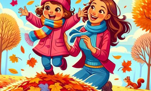 Une petite fille de 2 ans, aux cheveux bouclés châtains et aux yeux pétillants, saute dans un tas de feuilles d'automne colorées. Elle porte un manteau rose et un bonnet en laine, affichant un bonheur éclatant. À ses côtés, sa maman, une femme d'environ 30 ans avec des cheveux longs et bruns, sourit en la regardant, vêtue d'un pull bleu et d'une écharpe colorée, prête à jouer. Le parc est rempli d'arbres aux feuilles dorées, sous un ciel bleu clair avec des nuages blancs. La scène illustre la joie de la petite fille et de sa maman s'amusant ensemble dans les feuilles d'automne.
