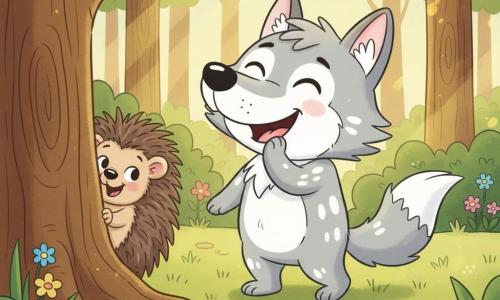 Loup joyeux au visage rond et doux, pelage gris clair avec taches blanches, grandes oreilles arrondies et queue en panache, riant les yeux plissés et comptant avec une patte devant la bouche ; petit hérisson timide mais heureux, épines brunes comme de petites brosses et yeux brillants, partiellement caché derrière un tronc d'arbre en montrant seulement son museau ; forêt verte et chaleureuse avec herbe douce, grands troncs texturés, fleurs colorées et rayons de soleil dorés ; scène de cache-cache ludique et tendre, couleurs pastel et contours doux, composition simple pour tout-petit.