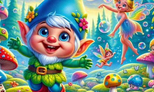 Un lutin nommé Zouzou, tout petit et vert avec un chapeau bleu orné d'une plume rouge, saute de joie sur un tapis de mousse. Son visage souriant et ses yeux pétillants montrent son excitation. À côté, Fanny la fée, avec ses cheveux dorés et ses ailes scintillantes, fait des pirouettes en riant, vêtue d'une robe rose pailletée, entourée de fleurs colorées. En arrière-plan, la forêt des Sapinous présente des arbres aux feuilles arc-en-ciel et des champignons dansants sous un ciel bleu avec des nuages moustachus. La scène montre Zouzou et Fanny préparant le Grand Concours de Blagues, entourés de rires et de fleurs éclatantes, avec des bulles de savon flottant dans l'air, créant une ambiance magique.