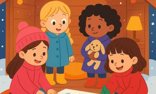 Quatre enfants se trouvent dans une cabane en bois entourée de neige. Emma, 4 ans, a de longs cheveux bruns et porte un manteau rose vif. Zoé, également 4 ans, a des cheveux blonds en tresses et un manteau bleu. Lina, avec des cheveux noirs bouclés, porte un manteau violet et un doudou lapin. Mila, avec des cheveux châtains et une frange, est en manteau rouge. Elles dessinent ensemble sur le sol, entourées de coussins colorés et éclairées par une douce lampe. L'ambiance est joyeuse et chaleureuse, malgré le froid extérieur.