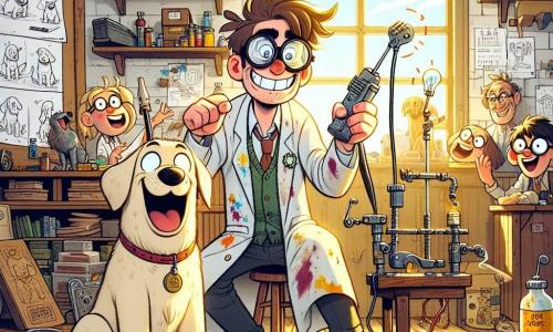 Hector, un homme aux cheveux ébouriffés et lunettes de travers, sourit d'excitation. Il porte une blouse de laboratoire tachée de peinture et tient un prototype de machine à traduire les aboiements. À ses côtés, Rufus, un labrador espiègle, remue la queue avec curiosité. L'atelier encombré est rempli de gadgets colorés, de plans éparpillés et de livres sur l'invention, baigné d'une douce lumière dorée. Hector teste sa machine, entouré de ses amis et de leurs chiens, tous impatients d'entendre les traductions amusantes des aboiements, créant une atmosphère joyeuse et créative.