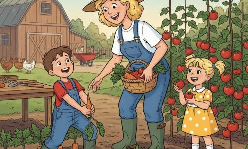 Marguerite, fermière d’environ 45 ans, souriante en salopette denim, chapeau de paille incliné, bottes vertes et mains terreuses, tient un panier en osier de carottes et tomates en se penchant sur un rang; à sa gauche Tom, 8 ans, cheveux bruns, t-shirt rouge et salopette, rit en arrachant une grosse carotte; à sa droite Lila, 6 ans, couettes blondes, robe jaune à pois et bottines, tient une tomate près de plants tuteurés; potager lumineux au sol sombre avec rangées de carottes et plants de tomates rouges, outils en bois sur une table rustique, petite brouette rouge, grange en bois et poules en arrière‑plan — scène joyeuse et chaleureuse, couleurs vives, lumière douce de fin de matinée, centrée sur la récolte et le partage.