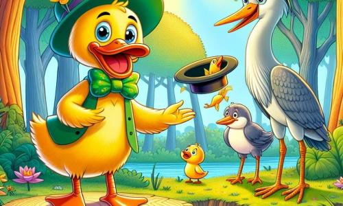 Dédé, un canard aux plumes jaunes et au bec orange, se tient sur une souche d'arbre, les yeux brillants et souriant. Il porte un nœud papillon en feuilles de nénuphar. À côté de lui, Hector, un héron aux longues pattes grises, l'observe avec curiosité, un léger sourire aux lèvres, tenant un chapeau d'où sortent des poissons en papier. La scène se déroule dans une clairière ensoleillée, entourée d'arbres majestueux, où des animaux se rassemblent pour découvrir des inventions. Dédé annonce le début de la compétition, tandis que les animaux applaudissent et rient, créant une atmosphère joyeuse.