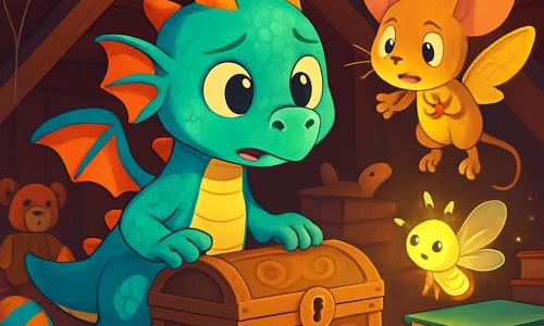 Lila, une jeune dragonne aux écailles turquoise, se tient au centre du grenier du Vieux Chêne, déterminée et un peu inquiète, fouillant parmi des vieux coffres. Milo, un souriceau volant aux ailes dorées, flotte à côté d'elle, inquiet et scrutant les recoins sombres à la recherche de la clé perdue. Plume, une luciole brillante, illumine le grenier perchée sur une pile de livres, prête à aider. Le grenier regorge de trésors oubliés : livres colorés, jouets anciens et toiles d'araignées, créant une atmosphère mystérieuse. Les trois amis enquêtent pour retrouver la clé dorée disparue, entourés d'objets anciens racontant des histoires oubliées.