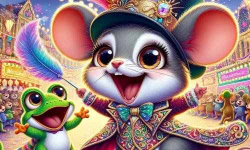 Au centre de l'image, une petite souris grise nommée Noisette, souriante, porte un costume flamboyant de plumes multicolores et de paillettes. Elle danse joyeusement, sa cape flottant autour d'elle, avec une étoile dorée sur son chapeau haut-de-forme. À ses côtés, sa meilleure amie Pistache, une grenouille verte, saute avec enthousiasme, tenant une plume bleue. En arrière-plan, la place de Mirabulle est décorée de guirlandes colorées, de stands de bonbons, et d'animaux applaudissant. La scène est festive et magique, avec des lanternes illuminant le ciel nocturne et des feux d'artifice. Noisette et Pistache célèbrent au carnaval, entourées d'amis joyeux dans une ambiance de bonheur et d'amitié.