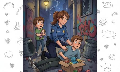 Camille, policière au visage déterminé et calme, cheveux châtains en queue de cheval, uniforme bleu propre avec insigne, genou fléchi retenant fermement le bras d’un voleur adolescent surpris (~15 ans, vêtements froissés, sneakers sales) au sol près d’une boîte de jouets ouverte et de jouets colorés éparpillés; à gauche, Lucas (~10 ans) cheveux bruns en bataille, yeux écarquillés, bouche entrouverte, tient une petite poupée et observe; ruelle étroite et sombre aux murs couverts de graffitis, poubelles métalliques, lumière jaune d’un réverbère créant fortes ombres et fenêtre brisée laissant filtrer une lueur froide; instant d’arrestation avec sirène lointaine suggérée par traits lumineux, composition centrée sur l’action et palette contrastée de bleus profonds, jaunes chauds et touches de rouge.