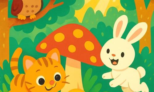 Un petit chat aux yeux brillants et au pelage doux et rayé, avec une expression joyeuse, cherche sa boule dorée sous un grand champignon coloré. À côté, un lapin blanc aux grandes oreilles, souriant, saute dans l'herbe verte. Un hibou aux plumes marron, perché sur une branche, observe la scène. La forêt magique est remplie d'arbres scintillants et de fleurs éclatantes, illuminée par des rayons de soleil dorés. Le petit chat et le lapin s'unissent pour retrouver la boule dorée, entourés par la beauté de la nature.