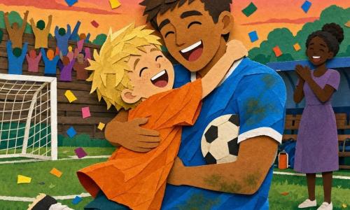 Lucas, homme aux cheveux bruns courts, rayonnant et ému, en maillot bleu vif tâché d'herbe, bras levés tenant un ballon de football sous le bras droit, embrasse Hugo, un garçon d'environ neuf ans aux cheveux blonds en bataille et maillot orange trop grand, qui saute de joie à sa gauche; en arrière-plan, la mère aux cheveux en chignon applaudit près d'un banc; terrain de quartier à herbe verte, poteaux blancs, tribune en bois avec quelques supporters, ciel crépusculaire rose-orangé, confettis colorés tombant, vêtements en mouvement et fort contraste de couleurs; style papier découpé avec formes nettes, ombres douces en couches, bords légèrement déchirés, palette vive et textures de papier visibles.