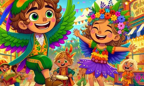 Léo, un garçon de 8 ans aux cheveux bruns et bouclés, porte un costume de perroquet multicolore et danse joyeusement au carnaval. Sa sœur Mia, 5 ans, déguisée en fée des bois avec une couronne de fleurs, saute de joie. Leur ami Sam, aussi âgé de 8 ans, est déguisé en lion et joue du tambour. La scène se déroule sur une place animée de l'île de Mananara, décorée de guirlandes et de lanternes colorées, où des enfants dansent autour d'une scène musicale. Léo et ses amis célèbrent ensemble, entourés de rires et de couleurs, prêts à découvrir le grand tambour de la joie, symbole de leur aventure au carnaval.
