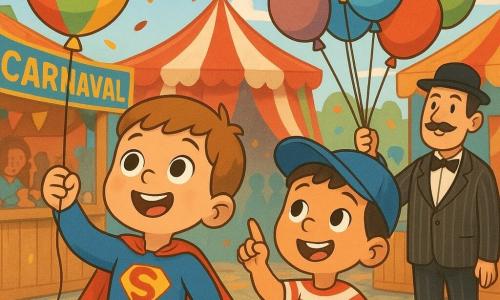 Léo, 4 ans, rayonnant en costume de super‑héros bleu et rouge avec cape, cheveux châtain clair courts, tient la ficelle d’un ballon multicolore et regarde le ciel; à côté Tom, 4–5 ans, complice et joyeux, casquette et T‑shirt rayé, tient un autre ballon et pointe vers le haut; un homme moustachu, mystérieux, en costume à rayures et chapeau melon, sourit en retrait près d’un stand en tenant un bouquet de ballons; rue de carnaval pavée et colorée, stands en bois peints, guirlandes de fanions, confettis au sol, grandes enseignes dorées et un grand chapiteau rouge et blanc en arrière‑plan; plusieurs ballons flottent en groupe avec petites notes attachées, ciel bleu à nuages légers; atmosphère festive, lumineuse et chaleureuse, couleurs vives, textures simples, contours nets, expressions exagérées, vue à hauteur d’enfant et cadrage rapproché sur Léo et Tom avec la foule floutée en arrière‑plan.
