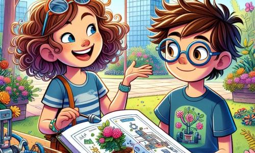 Léa, une fille de 10 ans aux cheveux châtains bouclés et lunettes de soleil, sourit. Elle porte un t-shirt bleu et un short en jean, tenant un carnet de croquis rempli de dessins colorés. À ses côtés, Lucas, un garçon de 10 ans aux cheveux bruns en bataille et lunettes rondes, regarde un schéma qu'il a dessiné, concentré. Ils se trouvent dans la cour d'une école, entourée d'arbres et de bancs, avec des fleurs dans des jardinières. La scène montre Léa et Lucas discutant de leur projet de jardinière automatique, avec des outils et matériaux éparpillés, illustrant leur collaboration créative.