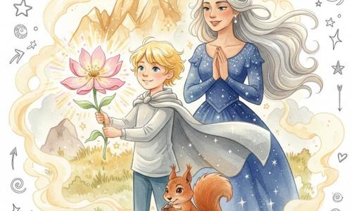 Le prince est au centre, visage déterminé et joyeux, cheveux blonds, cape argentée flottant, tenant une grande Fleur des Cœurs aux pétales lumineux; la reine Lysandra (femme, ~22–25 ans) est à côté, mains jointes, sourire tendre, cheveux argentés flottant comme la lune, robe bleu profond parsemée d'étoiles; Grignote l'écureuil (masculin) est posé sur une pierre au premier plan, yeux malicieux, queue touffue, en train de grignoter une noisette; le sommet de la Montagne Lumineuse brille autour d'eux avec rochers translucides, herbe scintillante, nappes de brume dorée et petites étoiles flottantes; la lumière jaillit de la Fleur en rayons chauds roses et dorés éclairant les visages et créant des reflets sur la cape et la robe; ambiance magique, chaleureuse et pleine d'espoir, couleurs pastel saturées, contrastes doux, textures aquarelle avec détails nets pour les personnages; composition en plan moyen, personnages au centre dans un cercle de lumière, arrière-plan montagneux légèrement flou, espace laissé pour des doodles enfantins (cœurs, petites étoiles, traits de mouvement).