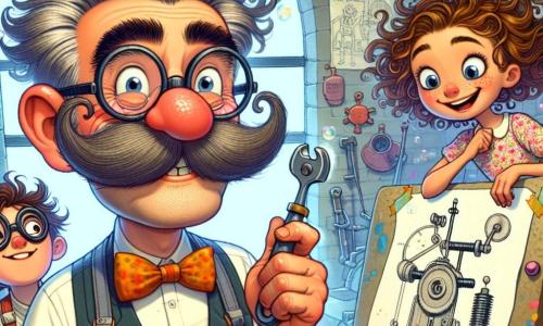 Monsieur Piston est un homme joyeux avec une moustache frisée et une blouse de travail colorée pleine de taches de peinture. Il sourit en tenant un outil, prêt à montrer sa dernière invention. À ses côtés, Léa, une petite fille de 8 ans aux cheveux bouclés, admire la machine, tandis que Tom, un garçon de 9 ans, étudie un plan. L'atelier de Monsieur Piston est magique, rempli de machines étranges et de dessins. La scène montre Monsieur Piston présentant sa Game-o-machine aux enfants, impatients d'apprendre en s'amusant, leurs visages illuminés par la curiosité.