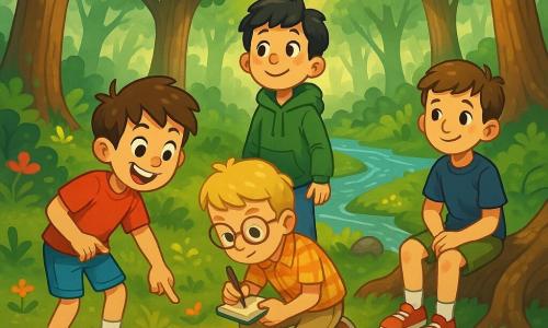 Quatre enfants explorent une forêt enchantée. Max, 10 ans, cheveux bruns, t-shirt rouge, pointe une pierre en forme de flèche avec un sourire. Lucas, aussi 10 ans, blond avec lunettes, prend des notes dans son carnet. Tom, aux cheveux noirs et taches de rousseur, observe les arbres en sweat vert. Hugo, châtain et timide, admire ses amis assis sur une racine. La forêt est magique, avec des arbres majestueux, des rayons de soleil et un ruisseau scintillant. Ils découvrent la pierre mystérieuse et sont prêts pour une aventure à la recherche d'un trésor caché.