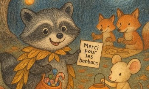 Un petit raton laveur malicieux au pelage gris et noir, portant une cape faite de feuilles dorées, tend une carte 
