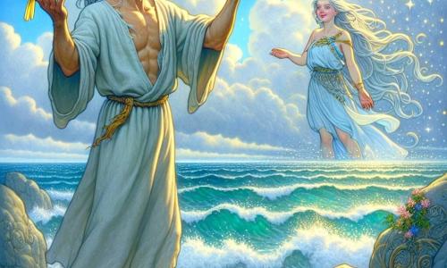 Au bord d'une mer scintillante, un homme nommé Ardan, la trentaine, se tient debout, les bras tendus vers le ciel. Son visage est marqué par des rides de sagesse, ses yeux brillent d'une lumière dorée, et il porte une tunique en lin bleu clair. À ses côtés, un petit roitelet aux plumes vives se perche sur son épaule, observant la mer. Plus loin, Aïone, la déesse des marées, apparaît, une femme d'une beauté éthérée avec des cheveux argentés. Elle sourit, comme pour encourager Ardan. Le lieu est une plage magique où le sable doré rencontre des vagues cristallines, sous un ciel bleu parsemé de nuages. Ardan est prêt à libérer une flamme dans l'eau, symbolisant un nouveau départ, tandis que la mer semble vibrer d'excitation.