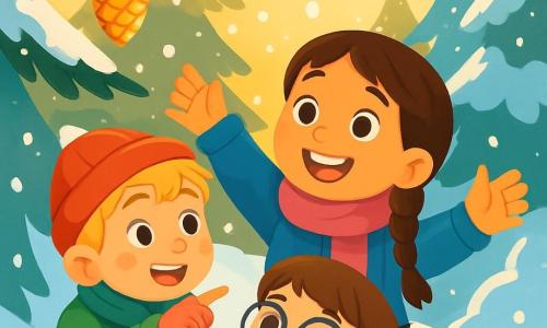Trois personnages sont présents : Lina, une fille de 8 ans avec de longs cheveux bruns tressés, un sourire éclatant, une écharpe rose framboise et un manteau bleu, se tenant au centre, les bras levés. Maxime, un garçon de 8 ans aux cheveux blonds en bataille et joues roses, porte un bonnet rouge et une veste verte, légèrement en avant, pointant du doigt une pomme de pin dorée. Théo, un garçon de 8 ans avec des cheveux châtains et des lunettes rondes, est en arrière, grimpant sur le dos de Maxime, vêtu d'un manteau jaune et de gants bleus. L'action se déroule dans la Forêt-aux-Millés-Flocons, où des sapins majestueux sont recouverts de neige scintillante. Les flocons tombent doucement, créant une atmosphère magique, tandis que la lumière du soleil d'hiver illumine la scène. Les amis découvrent avec émerveillement la pomme de pin dorée, entourés de flocons de neige dans une ambiance festive.