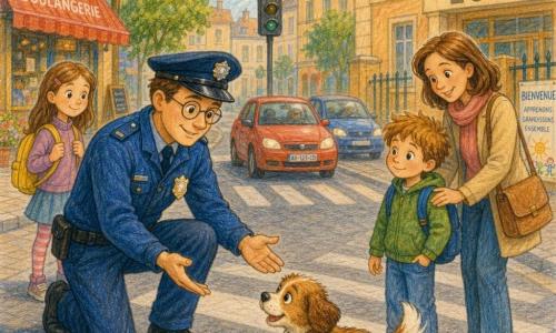 Un policier nommé Paul, grand et calme, à genoux sur un passage piéton appelle d'une voix rassurante un petit chien marron et blanc, Biscotte, pendant que le garçon Tom (6 ans) tient la main de sa maman, la femme souriante protectrice, et que la fille Zoé (7 ans) attend sur le trottoir ; avenue près d'une école, voitures arrêtées, soleil matinal ; style crayons de couleur, traits doux et couleurs chaudes.