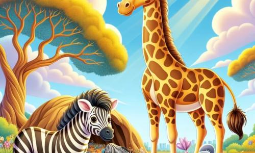 Lila, une girafe majestueuse, se tient au centre de la savane, son long cou vers le ciel bleu. Son pelage doré est parsemé de taches brunes, et ses yeux brillent d'inquiétude et de détermination. À ses côtés, Zaza le zèbre, avec ses rayures noires et blanches, observe attentivement, prêt à aider. Un peu plus loin, Mimi la souris, avec son pelage gris et ses yeux pétillants, ramasse des déchets, concentrée. En arrière-plan, un grand arbre aux branches étendues et des fleurs colorées créent une ambiance chaleureuse. Lila et ses amis nettoient la grotte, déterminés à sauver leur savane, tandis que des rayons de soleil illuminent leur travail.