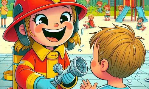 Clara, une femme pompier souriante en casque rouge et combinaison jaune, montre un tuyau à un enfant. Ce dernier, un petit garçon d'environ 7 ans avec des cheveux bruns en bataille et un t-shirt bleu, l'observe avec admiration. La scène se déroule dans une cour d'école ensoleillée, entourée d'arbres et de jeux colorés, où d'autres enfants jouent. Clara explique l'utilisation du tuyau tandis que le garçon rit en imitant le bruit de l'eau, créant une ambiance joyeuse.