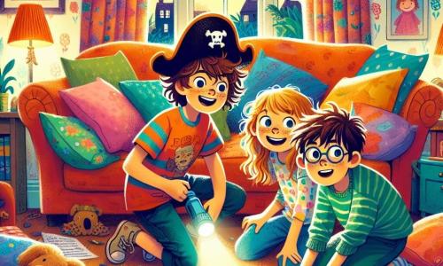 Un garçon de 10 ans, Jules, avec des cheveux bruns en bataille et des yeux malicieux, porte un chapeau de pirate trop grand. Il sourit, tenant un indice de chasse au trésor. Sa grande sœur Lou, 13 ans, aux cheveux blonds, porte un t-shirt coloré et une lampe torche, souriant en scrutant le salon. Max, leur frère de 11 ans, avec des lunettes et des cheveux châtains, est accroupi près du canapé, concentré sur la recherche du trésor caché. Le salon familial est chaleureux et en désordre, avec des coussins éparpillés et des jouets au sol. Les enfants, en pleine chasse au trésor, rient et s'encouragent, entourés de papiers froissés et de feutres colorés, prêts à découvrir le mystère sous le coussin du canapé.
