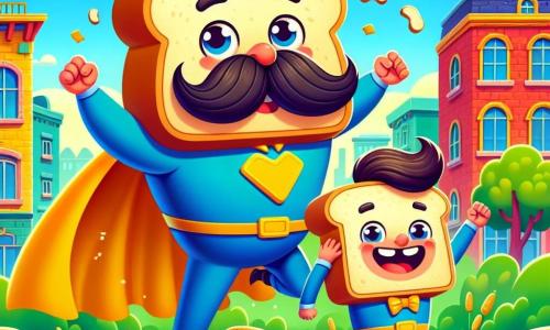 Un homme, Super-Moustache, se tient au centre de l'image avec une grande cape jaune et une moustache amusante. Il sourit joyeusement et lève les bras, prêt à danser. À ses côtés, Capitaine Tartine, un garçon d'environ 6 ans, porte une tartine sur la tête et rit en faisant la danse de la patate. Le décor est une ville colorée avec des bâtiments vifs, des arbres verts et un ciel bleu. Des patates et des tartines sont éparpillées au sol, créant une ambiance ludique. Super-Moustache et Capitaine Tartine dansent et rient ensemble, entourés de vilains Patatacollantes glissant sur les patates, tous unis dans une fête joyeuse.