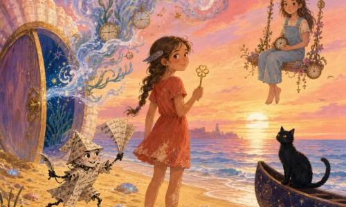 Lila, une fillette d'environ 10 ans aux cheveux bruns en tresse et sourire timide, marche pieds nus sur une dune au lever du soleil en robe corail tachée de sable, tenant une petite clé fleur en métal doré et une plume d'encre derrière l'oreille, regardant l'horizon ; près d'elle, Le Pli, petit être fait de papier froissé et d'encre à l'expression malicieuse, plie une page comme un éventail et agite une minuscule plume ; au loin, la Gardienne des Heures, une fillette en salopette bleu pâle, assise sur une balançoire faite d'une montre fleurie, cheveux parsemés de petites aiguilles, tient une horloge miniature et sourit doucement ; Minuit, un chat noir au pelage brillant comme de l'encre, est perché sur la proue d'un canoë peint de constellations échoué près du rivage, regardant la mer aux yeux ambrés ; derrière Lila, une porte ronde en coquillage plantée dans le sable se dissout en mousse musicale tandis que motifs d'algues et d'horloges flottent dans l'air, la plage de sable fin doré et coquillages irisés reflétant un ciel pêche, rose et lavande et une mer calme où les étoiles subsistent.