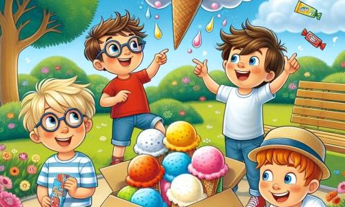 Dans un parc ensoleillé, quatre amis, Max, Léo, Tom et Alex, s'amusent ensemble. Max, 8 ans, pointe un nuage en forme de glace, tandis que Léo, 7 ans, fait une grimace. Tom, 9 ans, grimpe sur une boîte en carton en se prenant pour un roi, et Alex, 8 ans, tient un sachet de bonbons pétillants. Ils fabriquent une machine à glaces en carton, entourés de bonbons colorés, tandis qu'une pluie de glaces éclatantes jaillit de leur invention, les faisant rire. Le parc est verdoyant, avec des fleurs et un grand arbre.