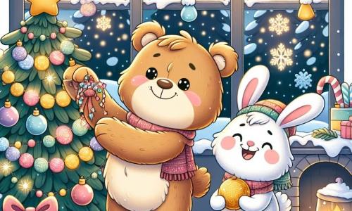 Petit Ours, un ours en peluche brun et doux, sourit en accrochant des guirlandes sur un sapin de Noël. Ses yeux brillent de bonheur. À ses côtés, Lapinette, une lapine blanche aux grandes oreilles, rit en tenant une guirlande dorée. Ils décorent ensemble le sapin dans une salle de classe chaleureuse, ornée de lumières scintillantes et de flocons de neige aux fenêtres, créant une ambiance festive. La scène montre leurs efforts pour embellir le sapin, entourés de cadeaux colorés sous une douce magie de Noël.