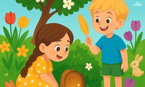 Il y a deux personnages principaux : Lila, une fille de 7 ans avec de longs cheveux bruns tressés, portant une robe jaune à pois blancs et des chaussons rayés, accroupie et curieuse sous un buisson fleuri ; et Maxime, un garçon de 7 ans aux cheveux blonds en bataille, en t-shirt bleu et short vert, debout à côté d'elle avec une plume dorée et un grand sourire. L'histoire se déroule dans un jardin printanier coloré avec des tulipes, des jonquilles et un pommier fleuri au centre, où des œufs en chocolat brillent dans l'herbe. Lila et Maxime découvrent une petite porte en bois sous un buisson, illuminée d'une douce lumière dorée, prêts à entrer dans un monde magique.