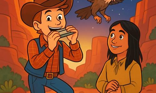 Silas Boone, un cow-boy d'environ 20 ans, sourit au centre de l'image, portant un chapeau en cuir, une chemise à carreaux rouge et un gilet en denim, avec des éperons brillants. À ses côtés, Nuage-Rapide, un jeune indien de 15 ans aux cheveux longs, admire Silas, vêtu de vêtements traditionnels. Le décor est un canyon majestueux aux parois de roche rouge, illuminé par le soleil couchant, avec des plantes sauvages ajoutant de la vie. Silas joue de l'harmonica, attirant l'attention d'un aigle-loup qui s'élève dans le ciel, alors que les étoiles commencent à scintiller.