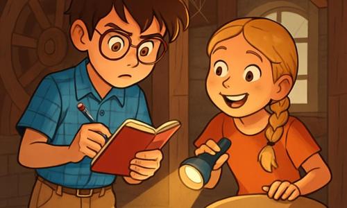 Arthur, un garçon de douze ans aux cheveux bruns en bataille et lunettes rondes, exprime une grande curiosité. Il porte une chemise à carreaux bleue et un short beige, tenant un carnet rouge et un stylo, scrutant les pages. À ses côtés, Léa, également âgée de douze ans, avec des cheveux blonds tressés et des yeux pétillants, sourit en tenant une lampe de poche, admirant Arthur. La scène se déroule dans un vieux moulin en bois aux poutres apparentes et murs couverts de toiles d'araignées, avec une lumière filtrant à travers des fenêtres poussiéreuses. Ils découvrent une trappe cachée sous des sacs de farine, leurs visages illuminés par l'excitation d'une découverte secrète.